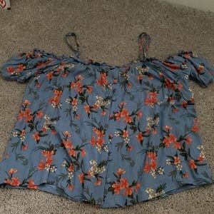 Floral shirt from American Eagle. Shirt is blue with orange/red flowers.